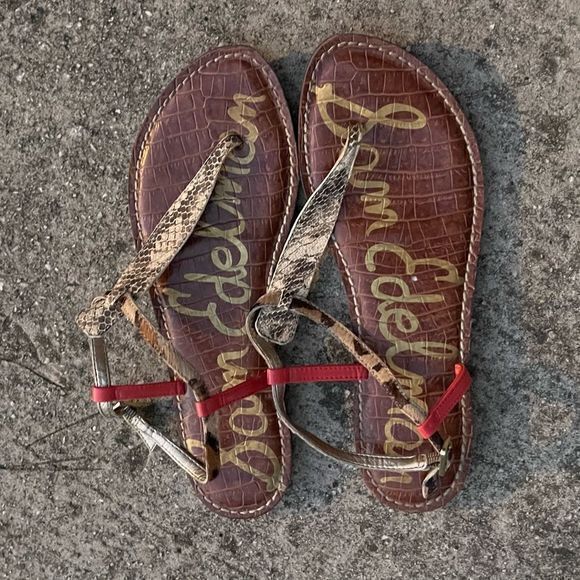 Sam Edelman Women's Gigi Thong Flat Sandals T-Strap Leather Gold Brown Size 8.5M - Picture 4 of 7